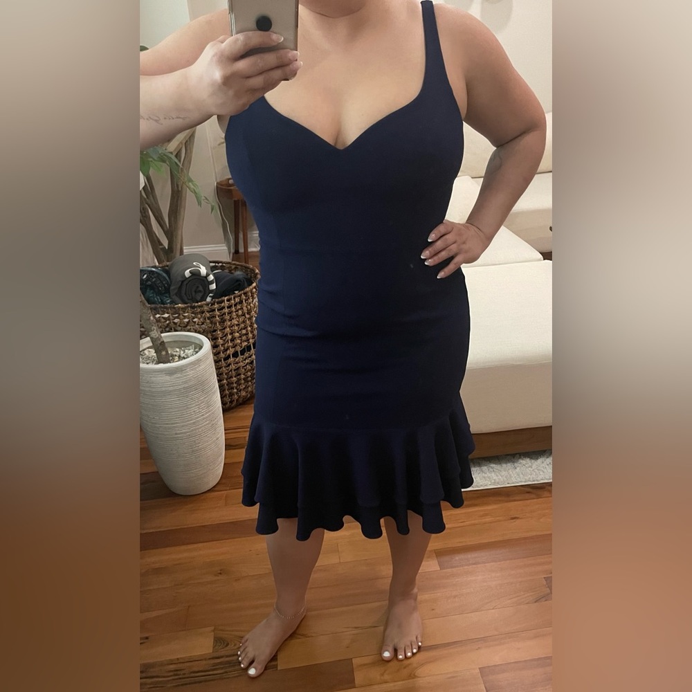BETSY & ADAM mid length dress navy sweetheart neckline square back ruffle trim